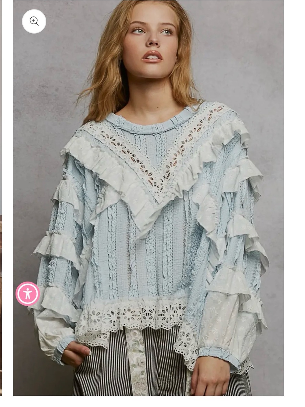 POL Clothing Ruffle Detailed Mixed Lace Top in Color Ice Blue